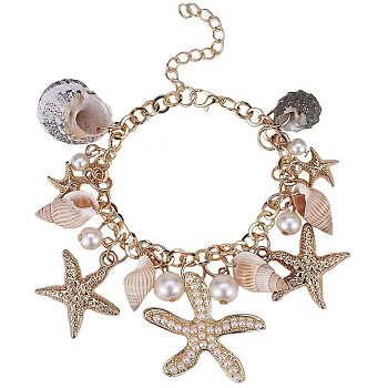 Trendy Charm Bracelets, with Conch, CCB Plastic and Rhinestone Starfish, Glass Pearl Pendants, Iron & Brass Findings and Cardboard Jewelry Set Boxes, Golden, 7-3/8 inch(18.7cm)