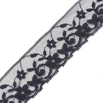 Nylon Lace Trim, for Jewelry Making, Flower Pattern, Black, 1-1/8 inch(30mm), about 5.47 Yards(5m)/Bag
