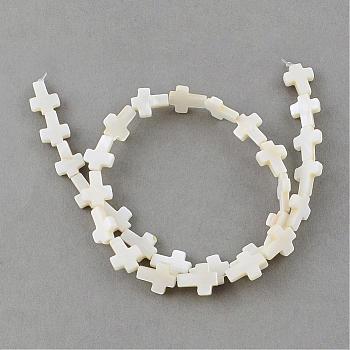 Natural Sea Shell Beads Strands, Cross, Creamy White, 11~12x9~10x2~3mm, Hole: 0.8~0.9mm, about 30pcs/strands, 14.5 inch