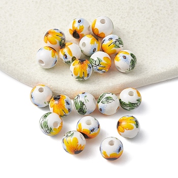 Handmade Porcelain Beads, Round with Sunflower Pattern, Yellow, 8mm, Hole: 1.8mm