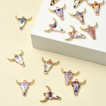 15Pcs 15 Styles Zinc Alloy Enamel Pendants, Light Gold, Ox-Head Shape with Flower Pattern, Mixed Color, 22x21x2.5mm, Hole: 1.8~2mm, 1pc/style