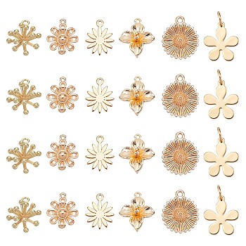 SUPERFINDINGS 24Pcs 6 Style Brass Charms, with Jump Rings, Long-Lasting Plated, Flower, Real 18K Gold Plated, 8.5~14.5x8~12x1~8mm, Hole: 0.6~3.5mm, 4pcs/style