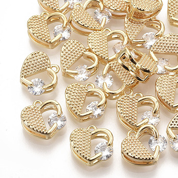 Brass Micro Pave Cubic Zirconia Charms, Real 18K Gold Plated, Heart, Clear, 11x11x5mm, Hole: 1.2mm