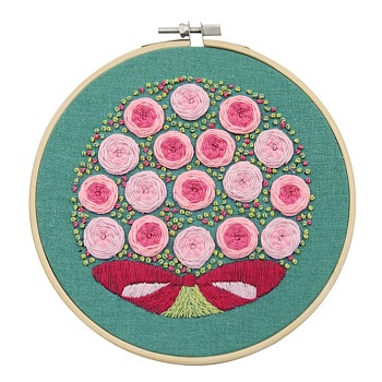 Embroidery Kit, DIY Cross Stitch Kit, with Embroidery Hoops, Needle & Cloth with Rose Pattern, Colored Thread, Instruction, Rose Pattern, 21.4x21x0.03cm, 1color/line, 7color