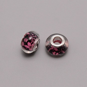 Acrylic European Beads, Large Hole Beads, Printing, Rondelle, Pearl Pink, 14x9mm, Hole: 5mm