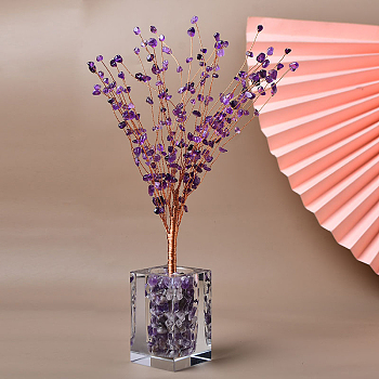 Natural Amethyst Chips Tree of Life Decorations, Mini Resin Cuboid Shape Vase with Copper Wire Feng Shui Energy Stone Gift for Women Men Meditation, 250mm