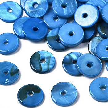 Spray Painted Natural Freshwater Shell Beads, Disc/Flat Round, Heishi Beads, Dodger Blue, 9x2mm, Hole: 1.6mm