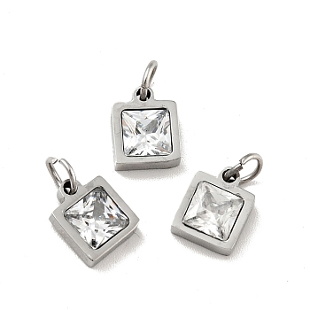 304 Stainless Steel Pendants, with Cubic Zirconia and Jump Rings, Single Stone Charms, Square, Stainless Steel Color, Clear, 8.5x7x3mm, Hole: 3.6mm