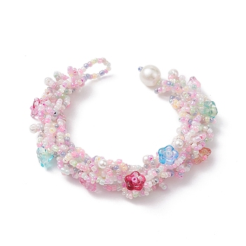 Flower Glass Seed Braided Beaded Bracelets, with Shell Pearl Beads, Colorful, 7-1/4x5/8 inch(18.5x1.5cm)