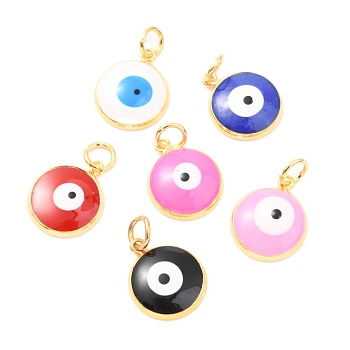 Brass Enamel Pendants, Real 18K Gold Plated, Long-Lasting Plated, with Jump Ring, Flat Round with Evil Eye, Mixed Color, 16.5x14x3.5mm, Hole: 4mm, Jump Ring:  6x1mm