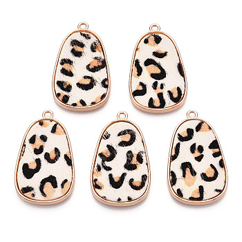 Eco-Friendly Cowhide Leather Pendants, with Golden Plated Alloy Cabochon Settings, teardrop, with Leopard Print Pattern, Linen, 35x21x2~3mm, Hole: 1.8mm
