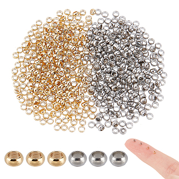 600Pcs 2 Colors 304 Stainless Steel Spacer Beads, Rondelle, Golden & Stainless Steel Color, 2x1mm, Hole: 1mm, 300pcs/color