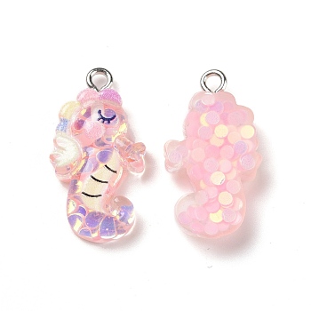 Transparent Resin Pendants, with Sequins and Platinum Tone Iron Loops, Sea Horse Charm, Pink, 25.5x14x5.5mm, Hole: 2mm