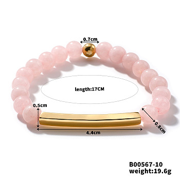 Natural Rose Quartz Stretch Bracelets, Brass Tube Beaded for Women, Elegant and Stylish Daily Accessory, Inner Diameter: 6-3/4 inch(17cm)