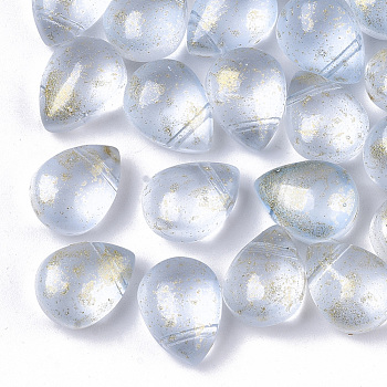 Transparent Spray Painted Glass Beads, Top Drilled Beads, with Glitter Powder, Frosted, Teardrop, Light Cyan, 12.5x9.5x7mm, Hole: 1mm
