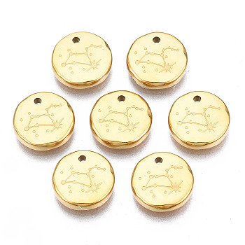 316 Surgical Stainless Steel Charms, Flat Round with Constellation, Real 14K Gold Plated, Leo, 10x2mm, Hole: 1mm