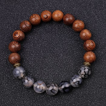 Dyed Natural Crackle Agate & Wood Round Beaded Stretch Bracelets, Black, 7-1/2~7-5/8 inch(19~19.5cm)