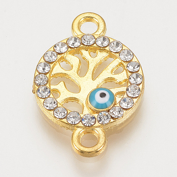 Alloy Rhinestone Links connectors, Cadmium Free & Lead Free, Flat Round with Evil Eye, Sky Blue, Golden, 21x14x2mm, Hole: 2mm