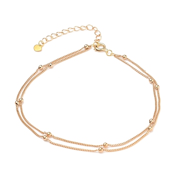 Brass Curb Chains Double Layer Anklets, with Heart 304 Stainless Steel Charms, Brass Round Beads and Spring Ring Clasps, Real 18K Gold Plated, 9-5/8 inch(24.5cm)