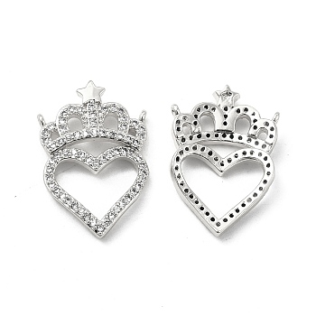Brass Micro Pave Clear Cubic Zirconia Connector Charms, Heart Links with Crown, Platinum, 23.5x16x3.5mm, Hole: 0.9mm