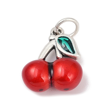 Fine Silver Red Enamel Fruit Pendants, with Jump Rings, Silver Color Plated, Antique Silver, Cherry, 16x14x7mm, Hole: 4mm