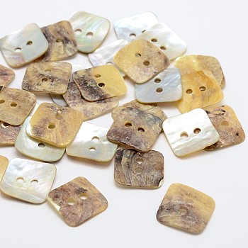2-Hole Square Mother of Pearl Buttons, Akoya Shell Button, Tan, 16x16x1mm, Hole: 2mm, about 720pcs/bag