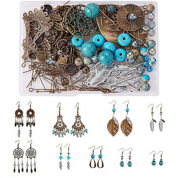 DIY Retro Charm Drop Earring Making Kit, Including Alloy Pendant & Link & Beads & Bead Cap, Synthetic & Natural Mixed Stone Beads, Glass Beads, Iron Pin & Earring Hook, Brass Pin, Antique Bronze & Antique Silver, Link & Pendant: 34Pcs/set
