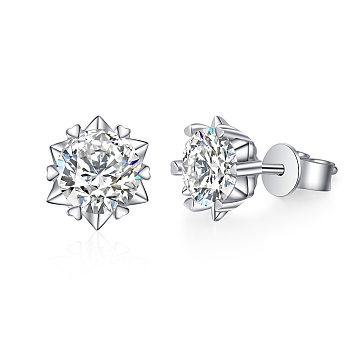 Anti-Tarnish 925 Sterling Silver with Moissanite Rhinestone Earrings, Flower, Platinum, 6.3x6.3mm