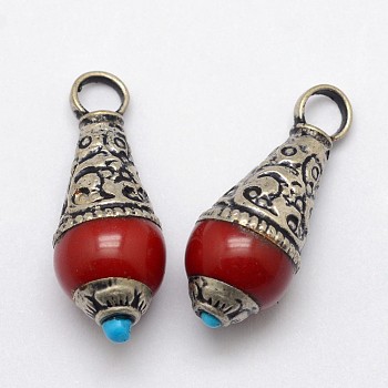 Brass Teardrop Pendants, with Resin Imitation Gemstone and Antique Silver, Red, 26~28x11mm, Hole: 4mm