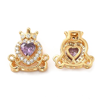Brass Micro Pave Purple Cubic Zirconia Charms, with Glass, Heart with Crown Charm, Real 18K Gold Plated, 14.5x13x6mm, Hole: 1.2mm