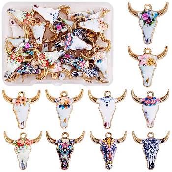 30Pcs 10 Styles Alloy Enamel Pendant Multiple Cartoon Cattle Head Pattern Accessories DIY Alloy Pendant Bracelet Hair Accessories, Mixed Color, 22x20mm, Hole: 2mm