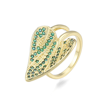 Cubic Zirconia Leaf Open Cuff Ring, Real 18K Gold Plated Brass Jewelry for Women, Nickel Free, Green, US Size 6(16.5mm)