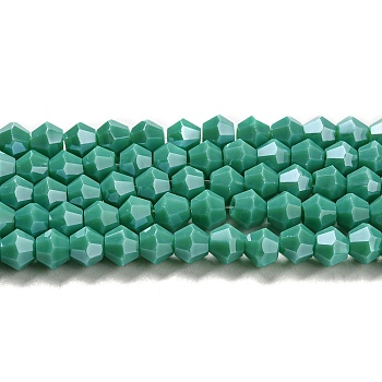 Opaque Solid Color Electroplate Glass Beads Strands, Pearl Luster Plated, Faceted, Bicone, Light Sea Green, 4x4mm, Hole: 0.8mm, about 82~85pcs/strand, 12.01~12.2 inch(30.5~31cm)