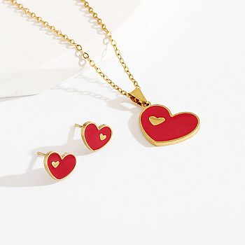 Stainless Steel Enamel Stud Earrings & Necklaces Sets, Heart, Red, 17.7 inch(45cm)