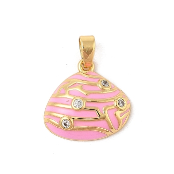 Brass Micro Pave Cubic Zirconia Pendants, with Enamel, Shell Charms, Real 18K Gold Plated, Pearl Pink, 14x16x4mm, Hole: 5x3mm