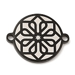 304 Stainless Steel Connector Charms, Ion Plating(IP) Flat Round Links with Flower Pattern, Electrophoresis Black, 16x20x1.5mm, Hole: 1.6mm(STAS-A086-09EB)