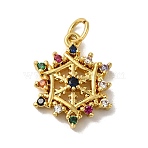 Christmas Snowflake Rack Plating Brass Micro Pave Clear Cubic Zirconia Pendants, with Jump Ring, Long-Lasting Plated, Lead Free & Cadmium Free, Real 18K Gold Plated, 17.5x14x4mm, Hole: 3.5mm(KK-K377-50G)