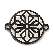 304 Stainless Steel Connector Charms, Flat Round Links with Flower Pattern, Electrophoresis Black, 16x20x1.5mm, Hole: 1.6mm(STAS-A086-09EB)