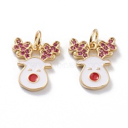 Brass Micro Pave Cerise Cubic Zirconia Pendants, with White Enamel & Jump Rings, Long-Lasting Plated, For Christmas, Reindeer/Stag, Real 18K Gold Plated, 15x13x1.5mm, Hole: 3mm, Jump Ring: 5x1mm(ZIRC-Z008-15G)