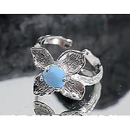 925 Sterling Silver Open Rings, Irregular Flower Design Inlaid with Blue Stone Adjustable Rings for Women, Platinum, 18.5mm, Inner Diameter: US Size 5 1/2(16mm)(JR951A)