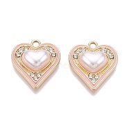 Rack Plating Alloy Rhinestone Pendants, with ABS Plastic Imitation Pearl, Heart, PeachPuff, 18.5x16.5x5.5mm, Hole: 1.8mm(FIND-N005-19C)