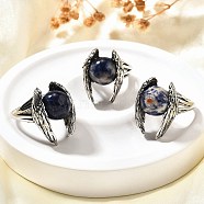 Natural Sodalite Wings Adjustable Rings, Antique Silver Brass Ring, Rack Plating, Lead Free & Cadmium Free, US Size 7 1/4(17.5mm)(RJEW-K241-04AS-06)