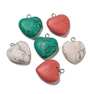 Synthetic Turquoise Pendants, Heart Charms with Platinum Tone Iron Loops, Mixed Dyed and Undyed, Mixed Color, 20~21x17~18x5.5~6mm, Hole: 2mm(G-G075-02)