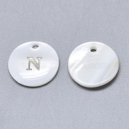 Natural White Shell Mother of Pearl Shell Charms, with Iron Sticker, Flat Round with Letter, Letter.N, 13x2mm, Hole: 1.5mm(X-SSHEL-N036-053N)