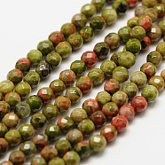 Natural Unakite Beads Strands, Faceted Round, 3mm, Hole: 0.8mm, about 136pcs/strand, 16 inch(G-A129-3mm-13)