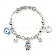 Adjustable 304 Stainless Steel Charm Bangles, with Enamel, Glass and Rhinestone, Eye, Hamsa Hand and Flat Round, Stainless Steel Color, 2-1/4 inch(5.6cm), 4~12mm(BJEW-F326-03P)