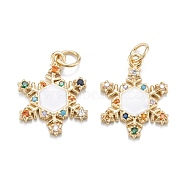 Christmas Themed Brass Micro Pave Cubic Zirconia Pendants, with Enamel and Jump Rings, Long-Lasting Plated, Snowflake, Real 18K Gold Plated, 18x13.5x2mm, Jump Ring: 5x0.7mm, 3.6mm Inner Diameter(ZIRC-L101-09G)