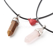 Natural Tiger Eye & Rose Quartz Double Terminated Pointed Pendants Necklaces Set for Couples Best Friends, Magnetic Heart Alloy Clasps Necklaces, Red, 17.52 inch(44.5cm), 2pcs/set(NJEW-JN03676)