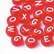 Transparent Acrylic Beads, Horizontal Hole, Mixed Letters, Flat Round, Red, 7x4mm, Hole: 1.5mm, about 3700pcs/500g(TACR-N002-04K)