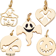 10Pcs 5 Style 316 Surgical & 304 Stainless Steel Enamel Charms, with Jump Rings, Laser Cut, Skull & Ghost & Heart with Bone, for Halloween, Real 14K Gold Plated, 8~12x8~10x1mm, Hole: 2.4~2.6mm, 2pcs/style(STAS-CN0001-24)
